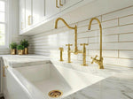 Unlacquered Brass Kitchen Faucet with Side Sprayer - 8 Inch Ball Center Bridge Faucet and Cold Tap