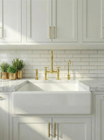 Unlacquered Brass Kitchen Faucet with Side Sprayer - 8 Inch Ball Center Bridge Faucet and Cold Tap