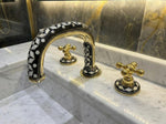 Handcrafted Unlacquered Brass Widespread Faucet with Resin & Bone Inlay – Luxury Vintage Bathroom Tap