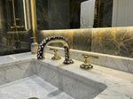 Handcrafted Unlacquered Brass Widespread Faucet with Resin & Bone Inlay – Luxury Vintage Bathroom Tap