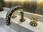 Handcrafted Unlacquered Brass Widespread Faucet with Resin & Bone Inlay – Luxury Vintage Bathroom Tap