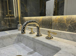 Handcrafted Unlacquered Brass Widespread Faucet with Resin & Bone Inlay – Luxury Vintage Bathroom Tap