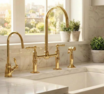 Unlacquered Brass Bridge Kitchen Faucet, Gooseneck Spout, Side Sprayer