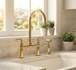 Unlacquered Brass Bridge Kitchen Faucet, Gooseneck Spout, Side Sprayer