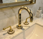 Unlacquered Brass Bathroom Faucet with Resin & Bone Inlay, 3 Hole Widespread Handmade Vintage Sink Tap