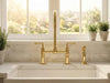 Unlacquered Brass Bridge Kitchen Faucet, Gooseneck Spout, Side Sprayer